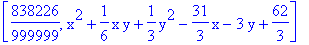 [838226/999999, x^2+1/6*x*y+1/3*y^2-31/3*x-3*y+62/3]